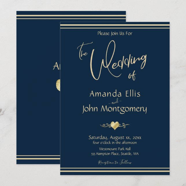 Invitación Marina y Boda Elegante de Oro (Anverso / Reverso)