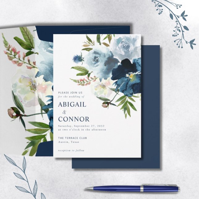 Invitación Marina y Dusty Blue Elegent acuarela floral (Subido por el creador)