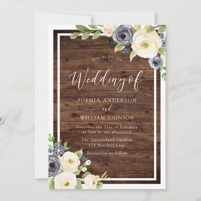 Invitación Marina y Flores Blancas Caída Rústica o Boda Prima (Anverso)
