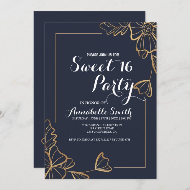 Invitación Marina y golden floral dulce 16 (Anverso / Reverso)