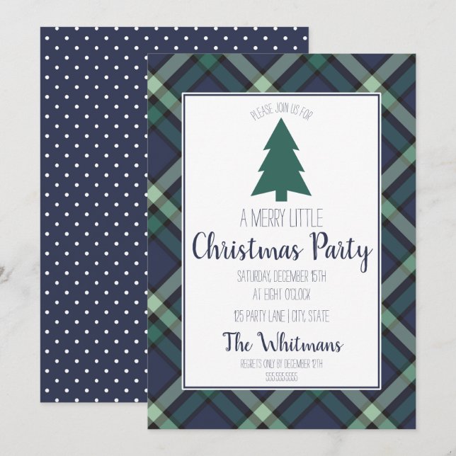 Invitación Marina y Green Tartan Plaid, Fiesta Navidad (Anverso / Reverso)