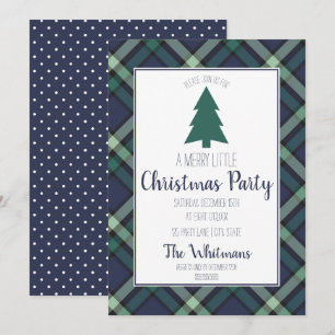 Invitación Marina y Green Tartan Plaid, Fiesta Navidad