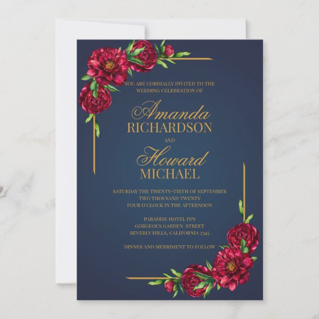 Invitación Marina y peonías rojas profundas boda boho moderno (Anverso)