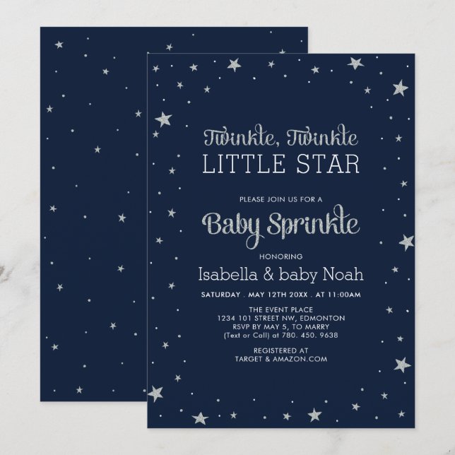 Invitación Marina y plata | Twinkle Little Star Baby Shower (Anverso / Reverso)