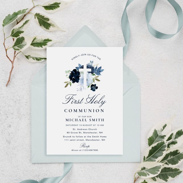 Invitación marina y polvorienta floral azul primera comunión (Subido por el creador)