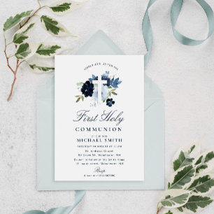 Invitación marina y polvorienta floral azul primera comunión