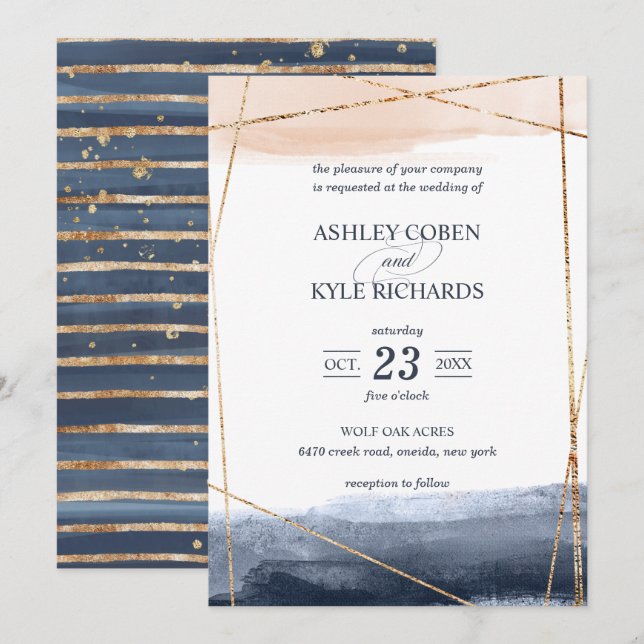 Invitación Marina y Rubor con Boda de marco dorado (Anverso / Reverso)