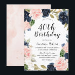 Invitación Marina y Rubor Watercolor 40.º Fiesta de cumpleaño<br><div class="desc">Invitación a la fiesta de cumpleaños 40º de la acuarela de Rubor azul de la Marina Ver artículos coincidentes en la tienda de nichos y nidos</div>