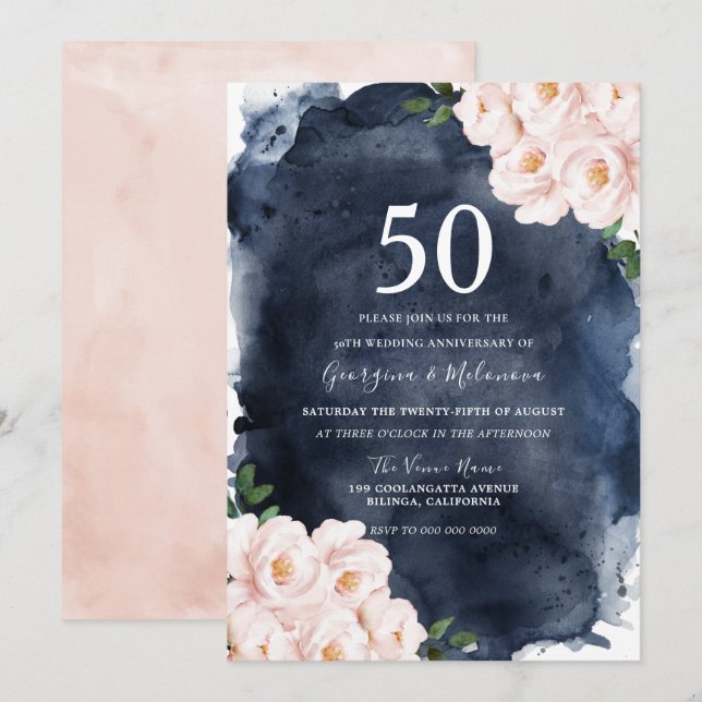 Invitación Marine Floral de acuarela rosa 50 aniversario (Anverso / Reverso)