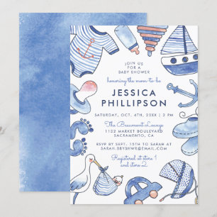 Invitación Marinero Blue Nautical Watercolor Baby Shower