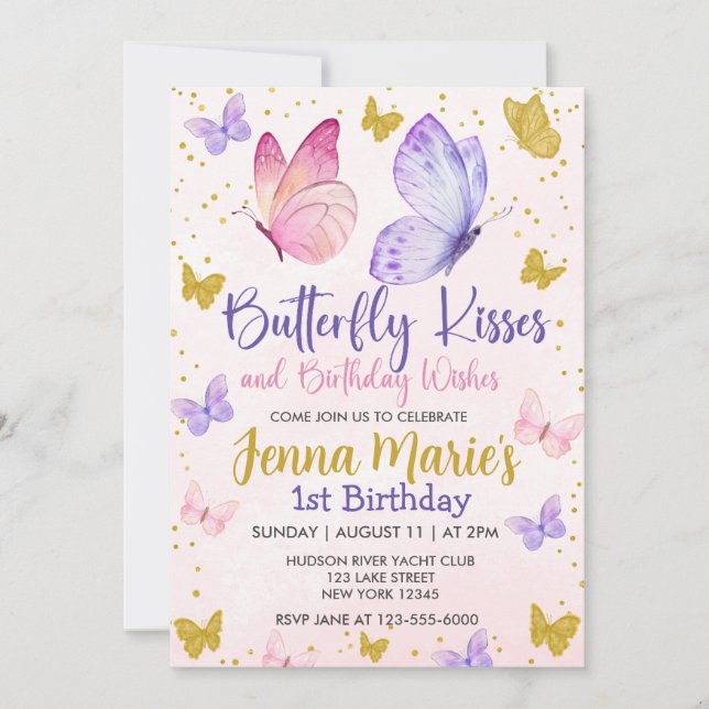 INVITACIÓN MARIPOLA DE BOTTERFLY KISSES PINK & PURPLE PRIMER  (Anverso)