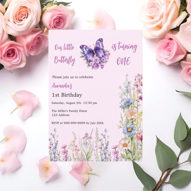 Invitación Mariposa 1er cumpleaños chica púrpura rosa (Subido por el creador)