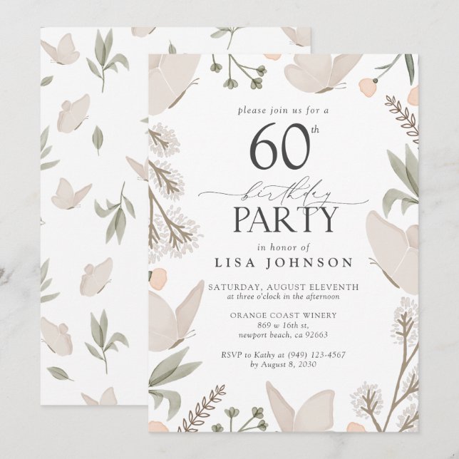 Invitación Mariposa 60 cumpleaños acuarela Neutral (Anverso / Reverso)