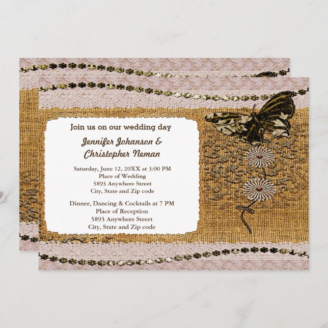 Invitación Mariposa, abalorios de encaje y bodas en burlap In (Anverso / Reverso)