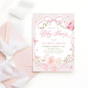 Invitación Mariposa Acuarela Baby Shower Niña Flor Rosa