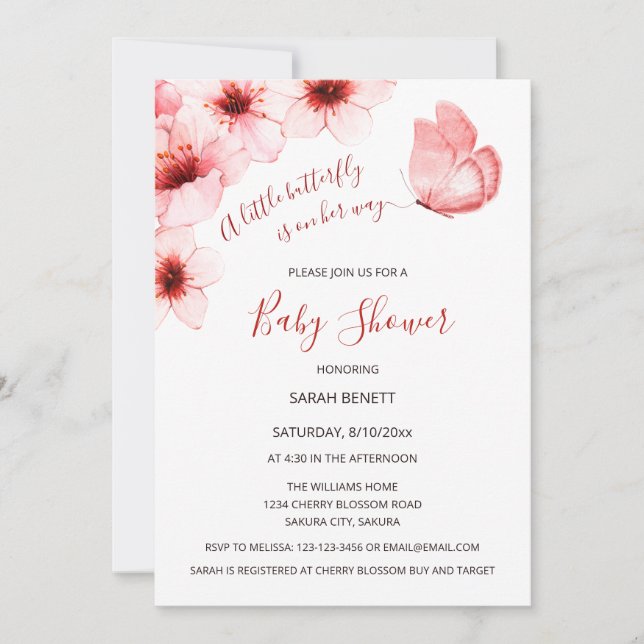 Invitación Mariposa acuarela Cherry Blossom Baby Shower (Anverso)