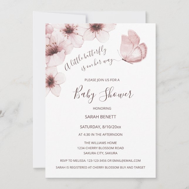 Invitación Mariposa acuarela Cherry Blossom Baby Shower (Anverso)