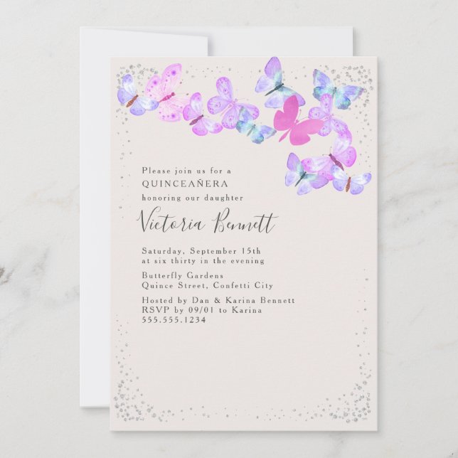 Invitación Mariposa acuarela Confetti plateado Quinceanera (Anverso)