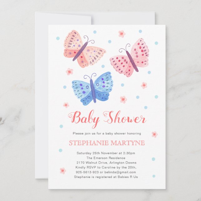 Invitación Mariposa acuarela Coral Azul Baby Shower (Anverso)