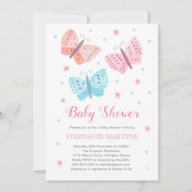 Invitación Mariposa acuarela Pink Aqua Baby Shower (Anverso)