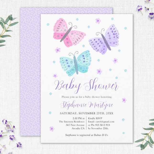 Invitación Mariposa acuarela Purple Aqua Baby Shower (Subido por el creador)