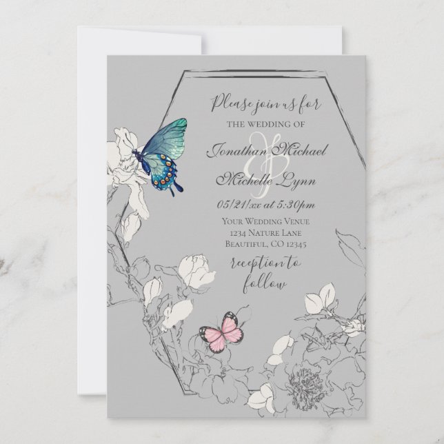 Invitación Mariposa acuarela y Boda geométrico de flores (Anverso)