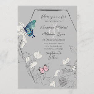 Invitación Mariposa acuarela y Boda geométrico de flores