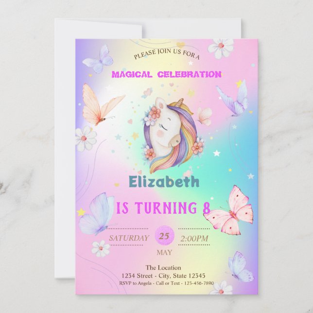Invitación Mariposa acuática Holográfica Unicornio (Anverso)