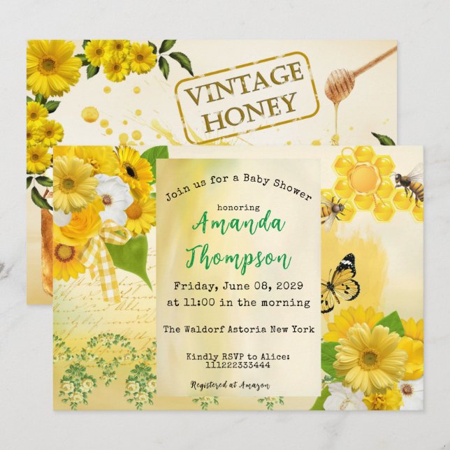 Invitación Mariposa amarilla y Baby Shower de abejas únicas (Anverso / Reverso)