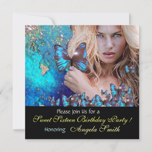 INVITACIÓN MARIPOSA AZUL DULCES 16 FESTIVAL MONOGRAMA, DORADO (Anverso)