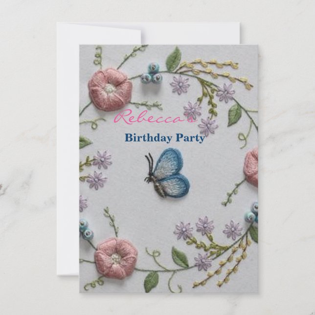Invitación mariposa azul floral del bordado rosado de la (Anverso)