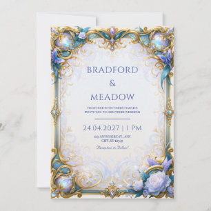 Invitación Mariposa Azul Irisado con Marco Dorado Boda