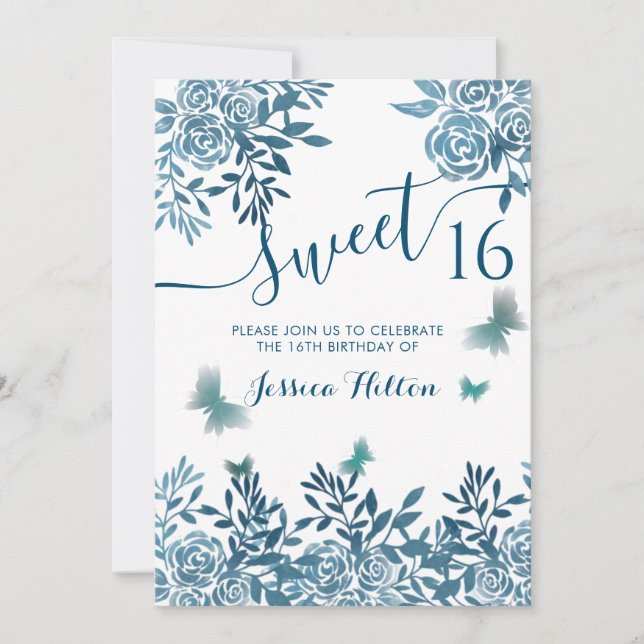 Invitación Mariposa azul jardín floral dulce dieciséis (Anverso)