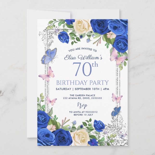 Invitación Mariposa azul Lilac Garden Fiesta 80 cumpleaños (Anverso)