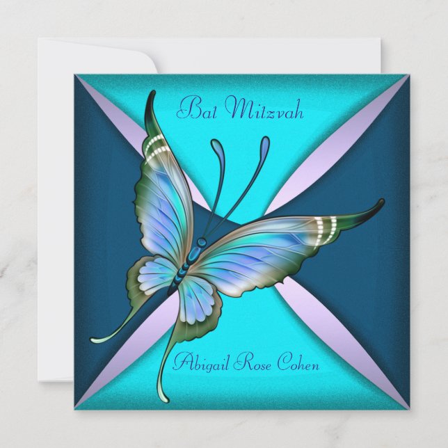 Invitación Mariposa azul morada Verde azulada en Mitzvah (Anverso)
