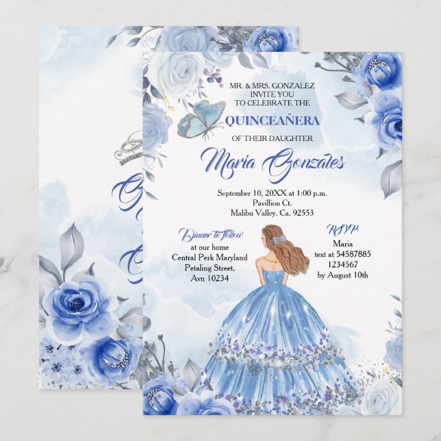 Invitación Mariposa Azul Pastel Quinceanera Cumpleaños Mexica (Anverso / Reverso)