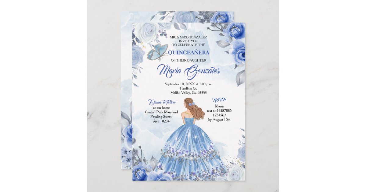 Invitación Mariposa Azul Pastel Quinceanera Cumpleaños Mexica 