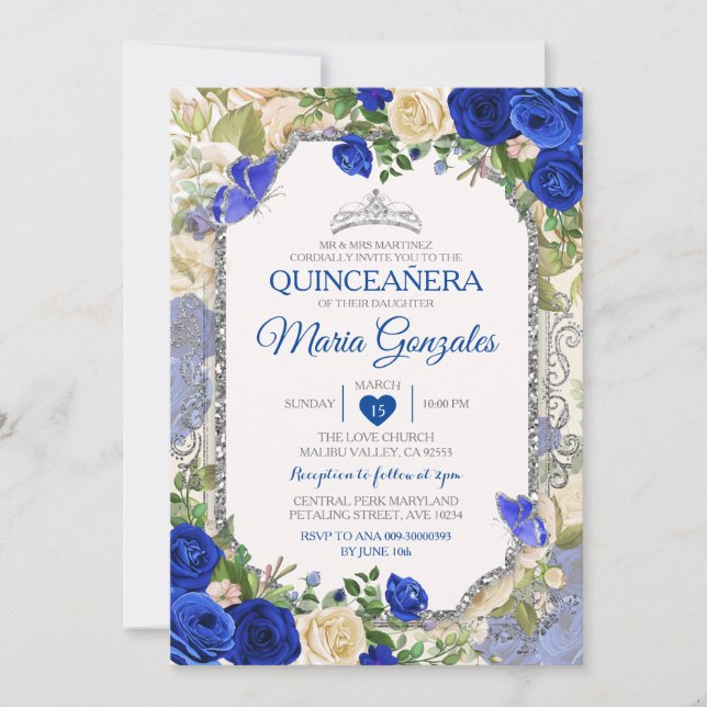 Invitación Mariposa Azul Quinceañera Plata 15 Anos (Anverso)