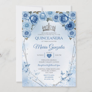 Invitación Mariposa Azul Quinceañera Plata 15 Anos