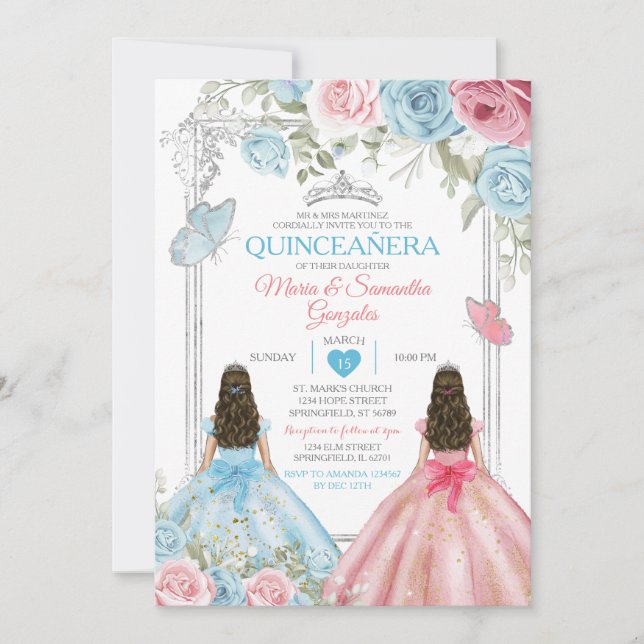 Invitación Mariposa azul rosada y pastoral Quinceañera (Anverso)