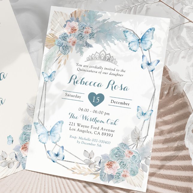 Invitación Mariposa azul turbia rosa Rubor Royal Quinceañera (Subido por el creador)