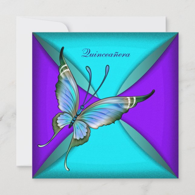 Invitación Mariposa azul verde azulada Quinceanera 15º cumple (Anverso)