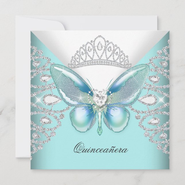 Invitación Mariposa azul verde azulada Tiara Quinceanera 15ª  (Anverso)