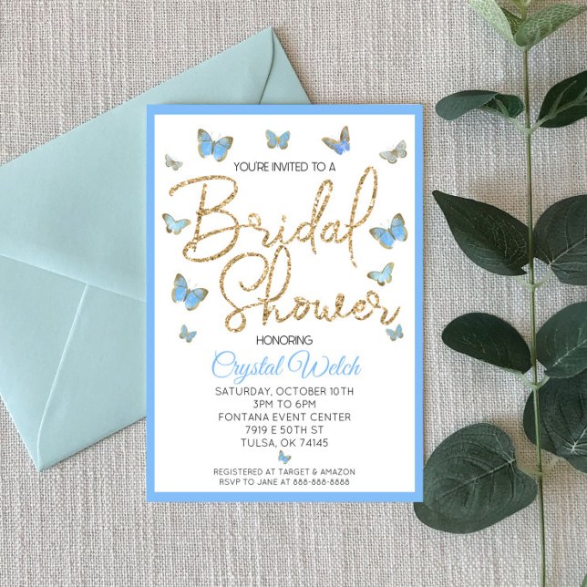 Invitación Mariposa azul y ducha de novia Purpurina de oro (Subido por el creador)