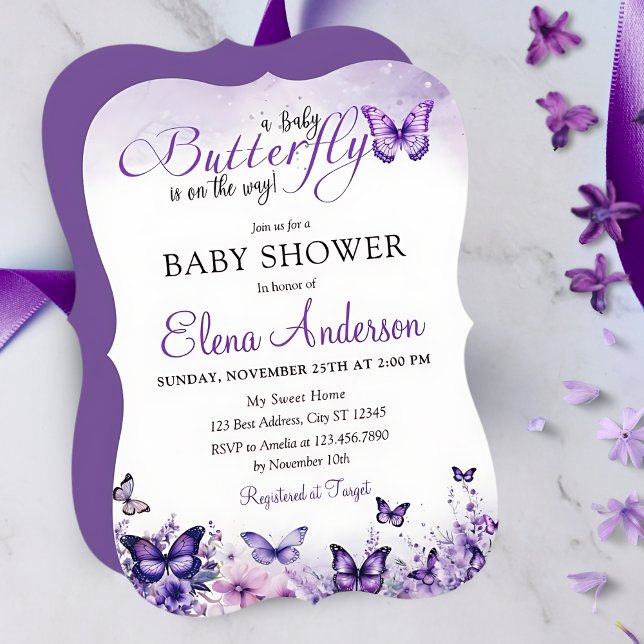 Invitación Mariposa Baby Shower Elegant Purple Floral (Subido por el creador)