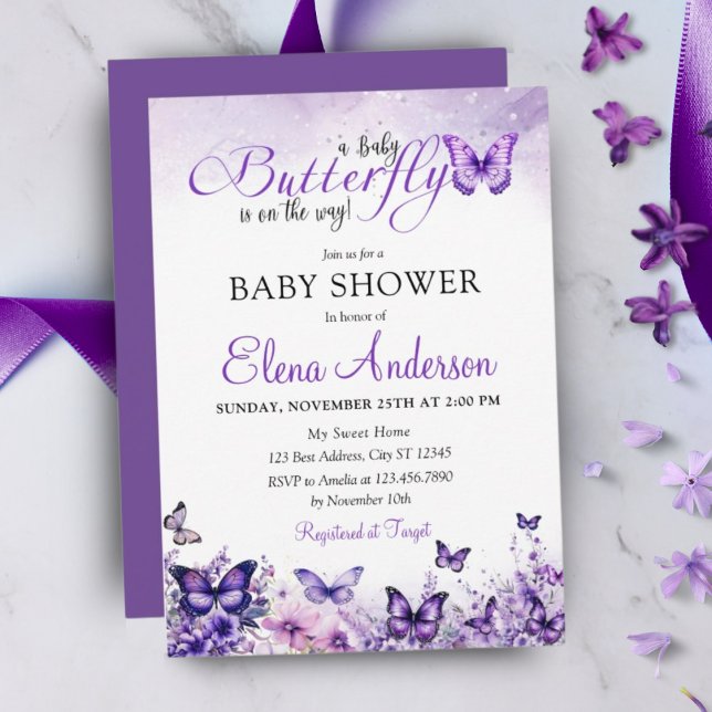 Invitación Mariposa Baby Shower Elegant Purple Floral (Subido por el creador)