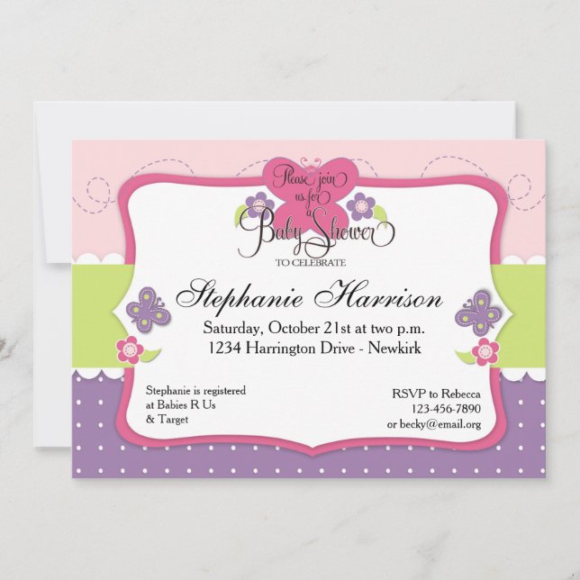 Invitación Mariposa Baby Shower en rosado y verde púrpuras (Anverso)