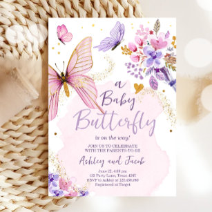 Invitación Mariposa Baby Shower Morple Floral Chica rosa