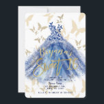 Invitación Mariposa Baila Azul Vestido Dorado Dulce 16<br><div class="desc">Personalizar para cualquier evento</div>