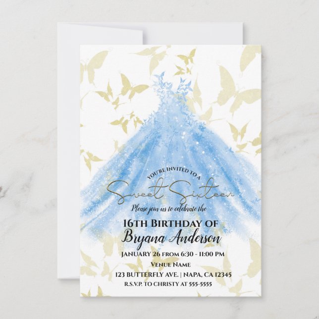 Invitación Mariposa Baila Azul Vestido Dorado Dulce 16 Fiesta (Anverso)